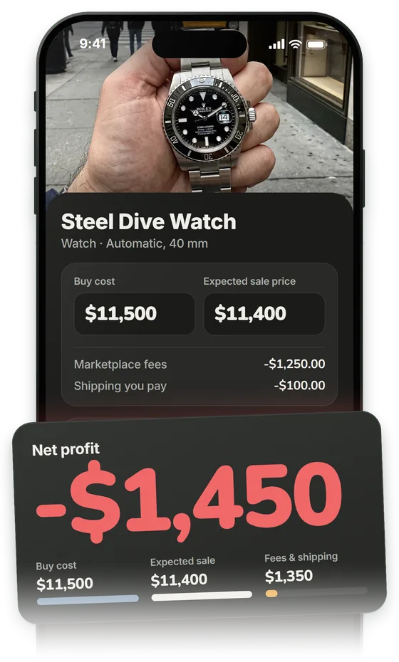 A watch priced at $11,500 with an expected sale of $11,400. After fees and shipping, PickVo shows a net loss of $1,450