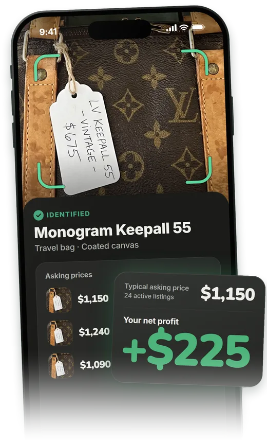 PickVo identifying a travel bag from a photo, with eBay asking prices and a projected net profit of $225