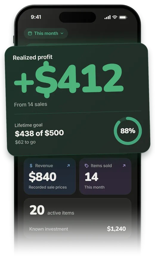 PickVo Home screen showing a realized profit of $412 this month and progress toward a lifetime goal