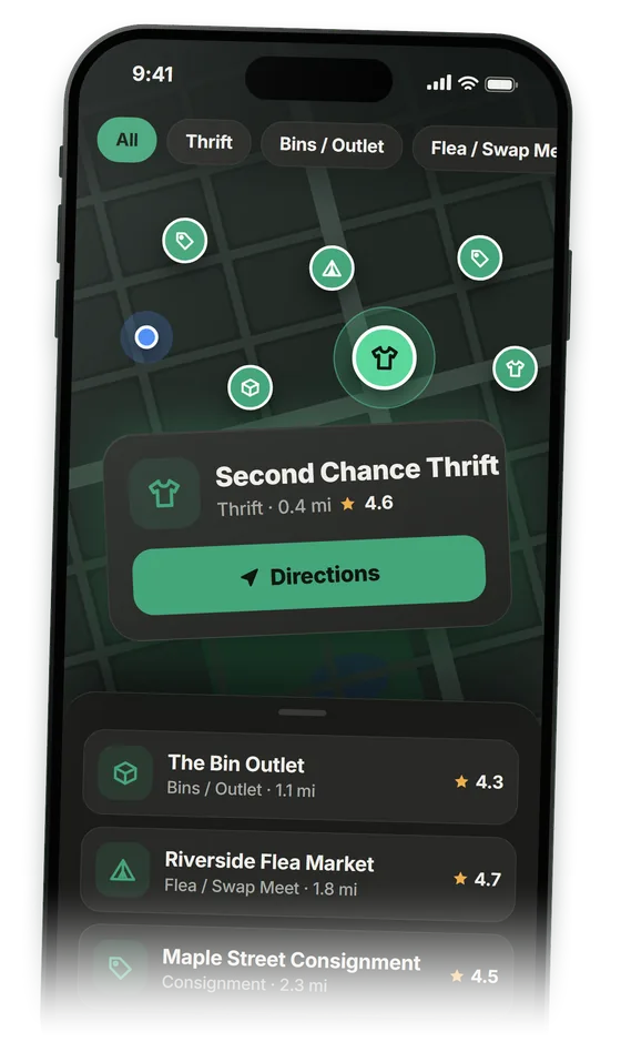 The Source tab in dark mode: map pins for nearby stores and a card for a thrift store 0.4 miles away