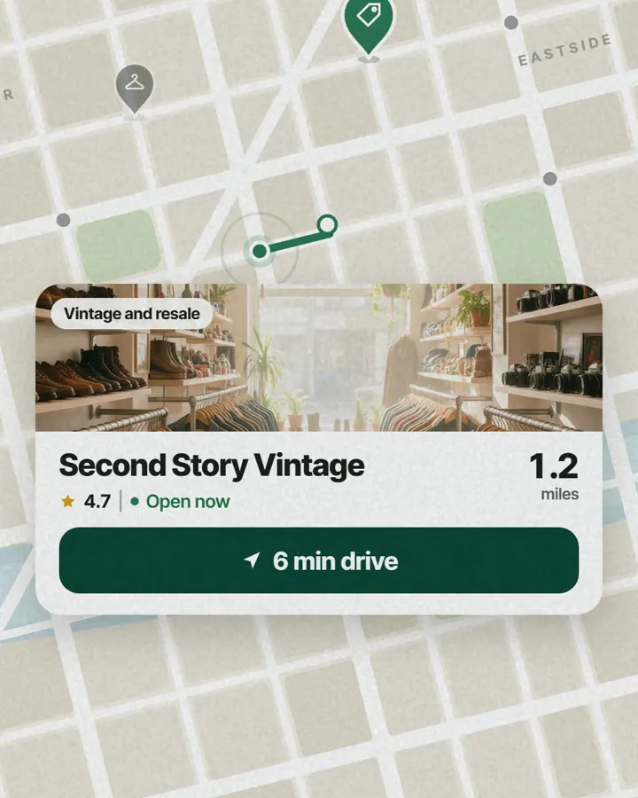 A map of nearby thrift stores, bins and flea markets, with a place card offering directions
