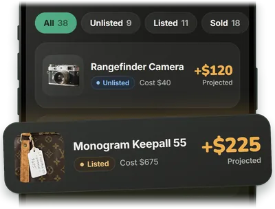 Inventory filtered by status: All 38, Unlisted 9, Listed 11, Sold 18, with a camera and a travel bag showing their cost and projected profit